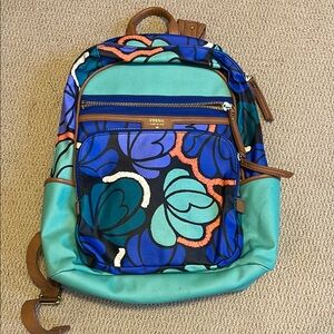 Fossil Women's Floral Backpack - Blue and Green EUC